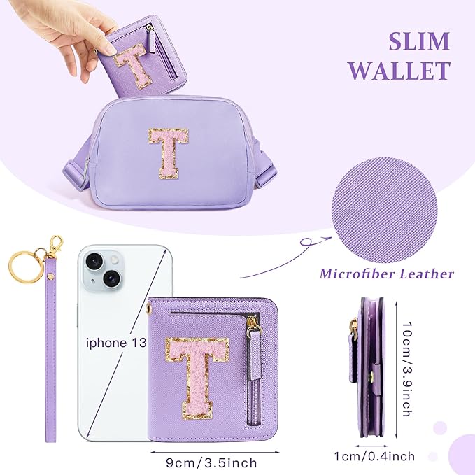COSHAYSOO Preppy Wallet Gifts for Teen Girls Women Small Wallet RFID Bifold PU Leather Christmas Valentines Easter Mothers Fathers Day Nurse Appreciation Graduation Gifts Chenille Letter T Purple