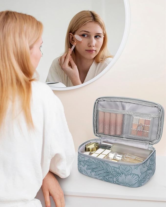 Relavel Cute Makeup Bag for Girls, Portable PU Leather Cosmetic Bag, Dual-layer Makeup Pouch with Brush Holder, Multi-Functional Preppy Toiletry Organizer for Travel, Daily Use - Flora Butterfly