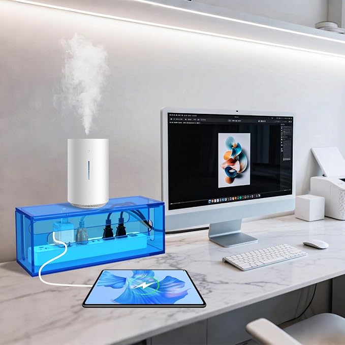 Cable Management Box Acrylic Cord Organizer Box Power Strip Storage Box to Hide Wires, Blue
