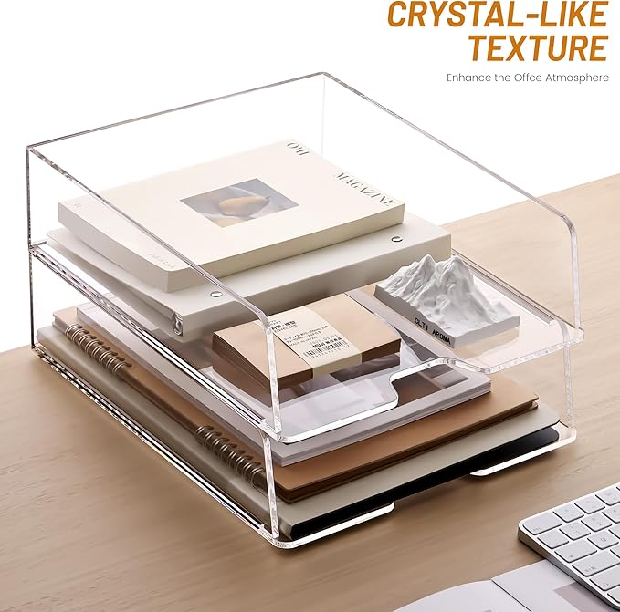 HeZone Enlarged Letter Paper Tray - Clear Acrylic Desk Organizers for Document Organization and File Storage - Stackable Office Accessories - 2 Pack (Large Tray V)