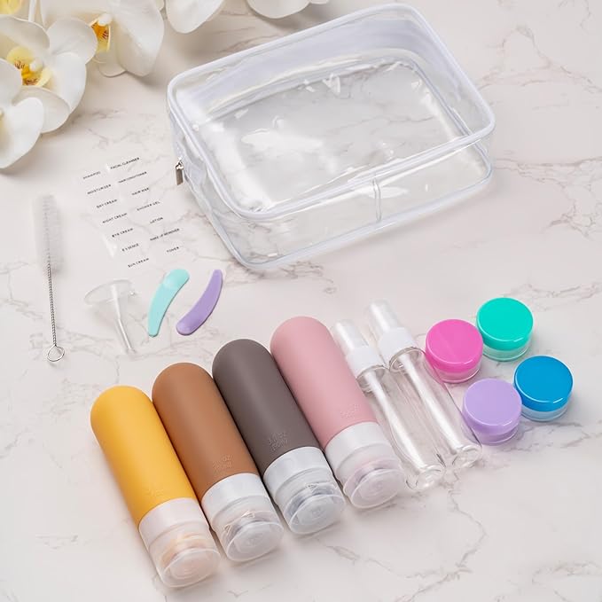 16pack Travel Bottles for Toiletries, TSA Approved LeakProof Squeezable Silicone Toiletry Containers for Shampoo, Conditioner, 3oz Portable Refillable Traveling Size Liquid Containers (16Pcs/Apricot)