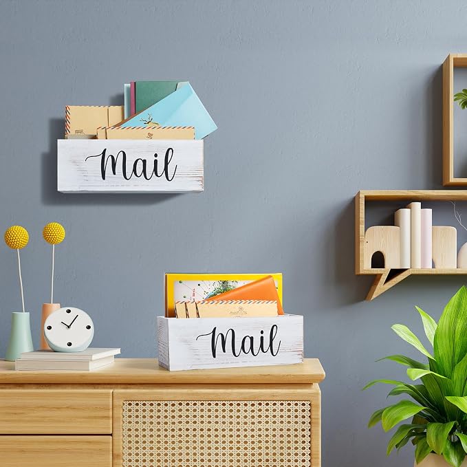 DRASTAR Mail Organizer Countertop, Mail Holder Wall Mount, Retro White Mail Sorter Organizer, Envelope Holder for Home Office