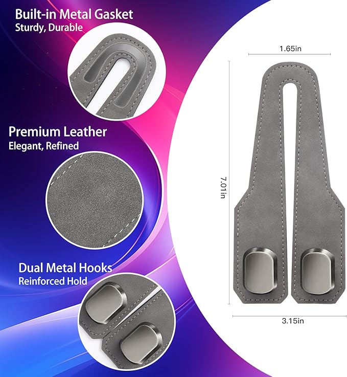 4Pcs Car Headrest Hooks with Premium Leather, Upgraded Double Metal Hooks with Anti-Drop Design, Universal Back Seat Hanger for Bags, Coats, Purses and Groceries (Stylish Gray)