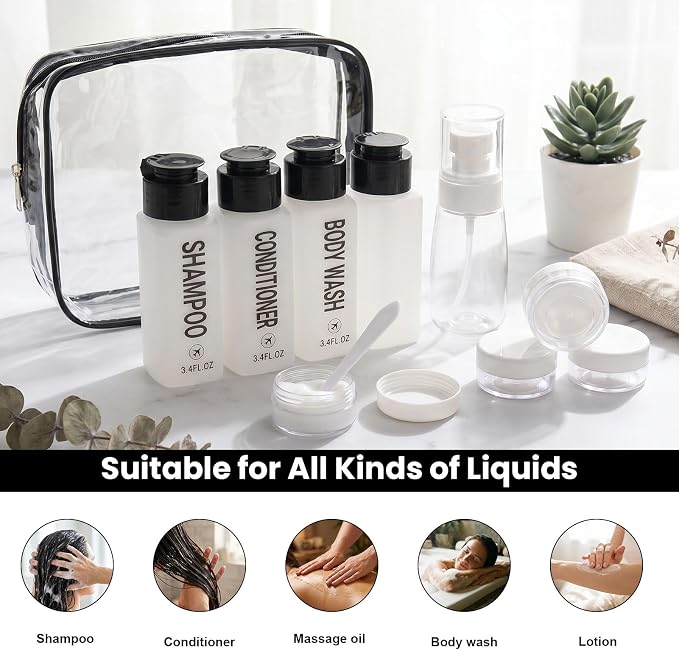 14PCS 3.4oz Travel Bottles for Toiletries Pre-Printed Shampoo, Conditioner, Body Wash, Wide Mouth Containers TSA Approved 2oz Travel Spray Bottle Leak Proof Plastic Cream Jars(Black&White)