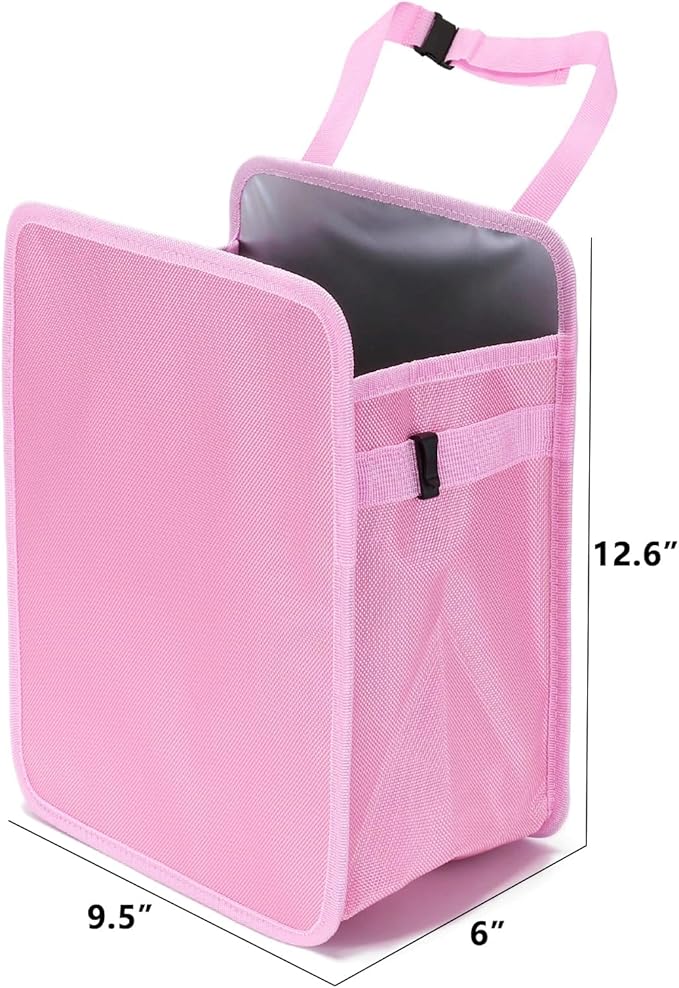 Ginsco 3 Gallons Open-Top Car Trash Can, Large Capacity Hanging Car Trash Bag with Water-Proof PEVA Liner, Stand Car Trash Bag Foldable Car Storage Bag for Cars SUV Truck (Pink)
