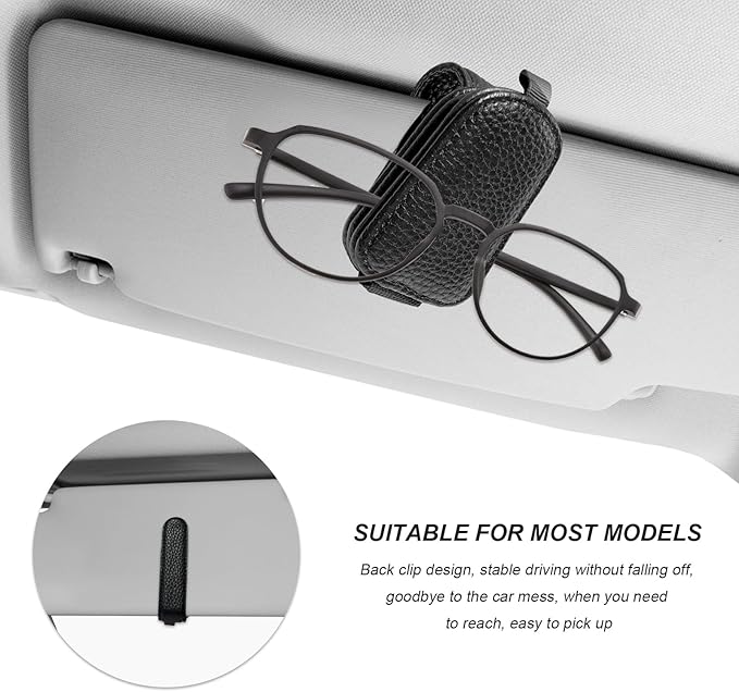 2 PCS Sunglasses Holders for Car Visor, Magnetic Leather Eyeglasses Hanger Mounter Ticket Card Clip, Auto Sun Visor Glasses Holder Business Card Organizer for Men Women (Black)