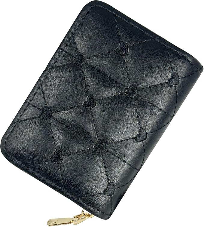 Lady credit card holder, a zippered storage card case, 11 small yet convenient large capacity pockets, heart-shaped embroidery pattern, modern and fashionable style (Black)