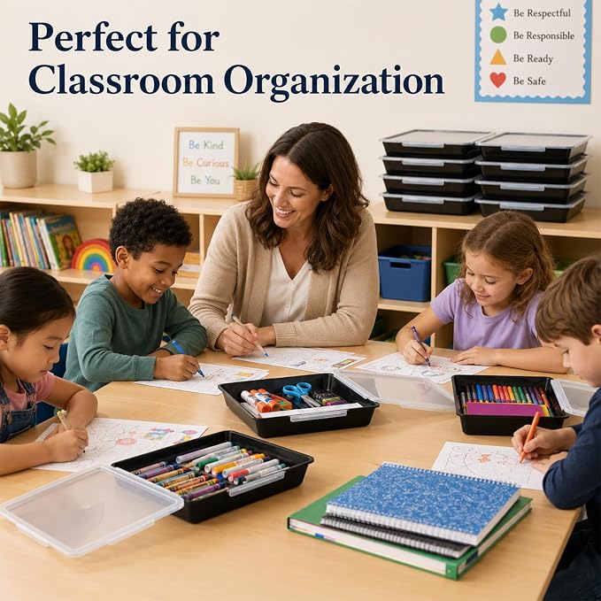 12 Pack Flat Storage Paper Tray with Clear Latching Lid Letter Size Organizer Bin Tray Plastic Latching File Organizer for Classroom Library School Office Teacher Desktop Book Organization (Black)