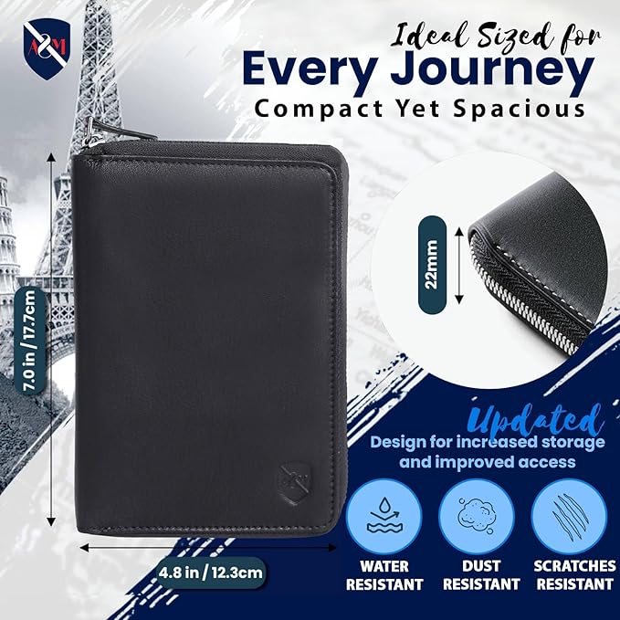 ALLEN & MATE 100% Leather Passport Holder for Travel RFID Blocking Passport Wallet for Men & Women - Zippered Compact Travel Document Organizer Fits Passport, Cash, Cards, SIM, ID and Tickets