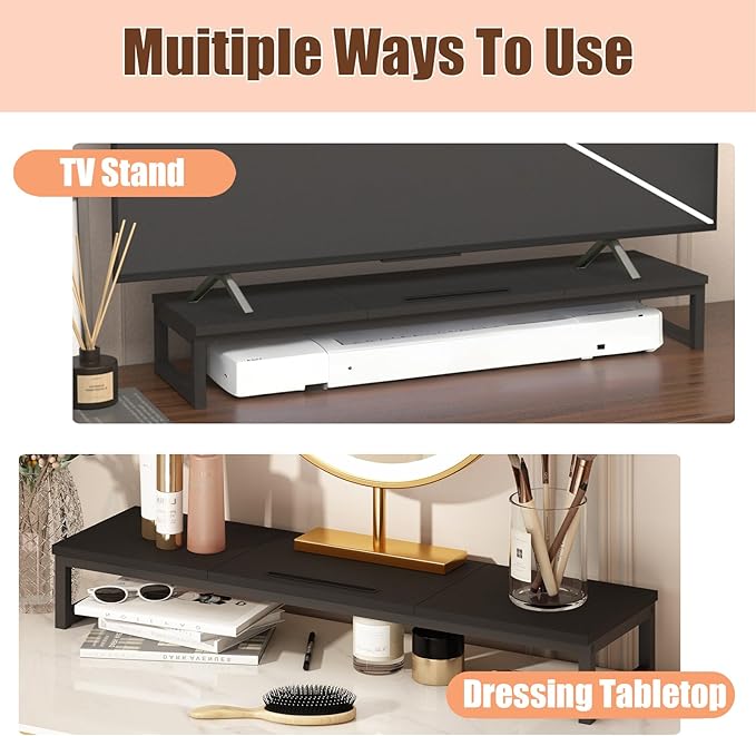 Dual Monitor Stand Riser, 38.7'' Long Wood and Steel Monitor Stand for 2 Monitors, Ergonomic Desktop Organizer with Tablet Stand for Computer,Laptop,TV (Black)