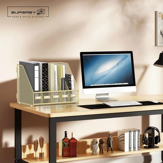 SUPEASY Desk Organizers Metal Desk Magazine File Holder with 5 Vertical Compartments Rack File Organizer for Office Desktop, Classroom, Home Workspace, Golden Yellow, Plus