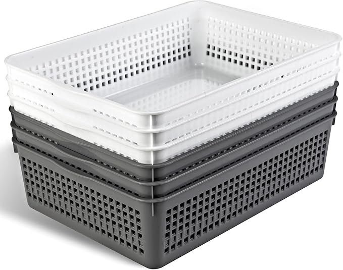 Eslite A4 Size Plastic Storage Basket,Desktop File Paper Letter Organizer Tray, 6-Packs (White+Grey)