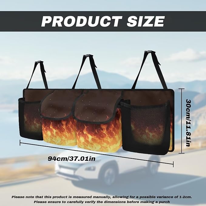 Flame Car Trunk Organizer,Backseat Hanging Storage with 4 Large Pockets,Collapsible Cargo Bag with Adjustable Straps Frees Trunk Floor for SUV,Truck,Van Easy to Washable