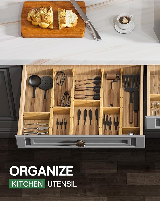 Kitchen Drawer Dividers - Adjustable Drawer Organizer for Clothes, Kitchen, Closet & Office - 8 Pack with Inserts, 13.8-18.8 Inches, Non-Slip Silicone Ends