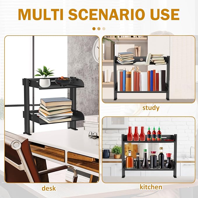 Clamp on Desk Shelf Organizer, 2-Tier Clamp on Desk Shelf, 17.32" Space Saving Table Mount Storage Rack with Cable Holes and Adjustable Trays for Home Office Accessories