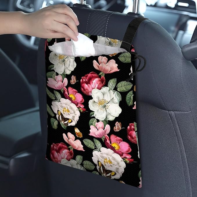 Car Trash Bag Hanging Back of Seat Waterproof Small Cute Printed One-handed Strap Drawstring Garbage Bags for Car-Black Floral