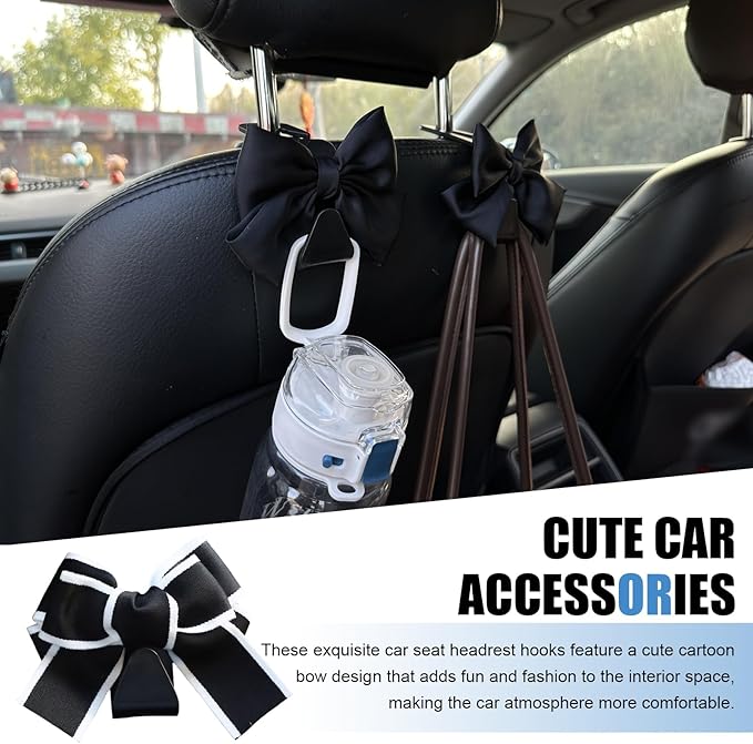 2 PCS Car Seat Headrest Hooks, Cute Bow Hooks Decor, High-Load Hanger for Purses Umbrellas, Car Interior Decoration Accessories for Women, Girls (Black & White)