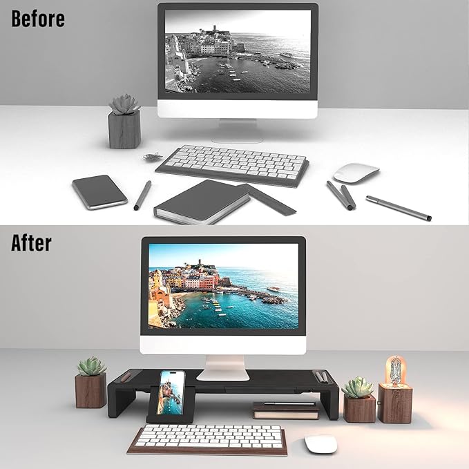 OImaster Monitor Stand Riser, Foldable Computer Monitor Riser, Adjustable Length Computer Stand and Storage Drawer & Pen Slot, Phone Stand Compatible Computer, Desktop, Laptop, Save Space (Black-Basic)
