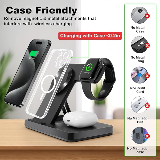 Magnetic 3 in 1 Wireless Charging Station for Magsafe iPhone 12-17 Series, Charging Station for Multiple Devices, Mag-Safe Wireless Charger Stand for Apple Watch Series/Ultra/SE & AirPods 4/3/2/Pro