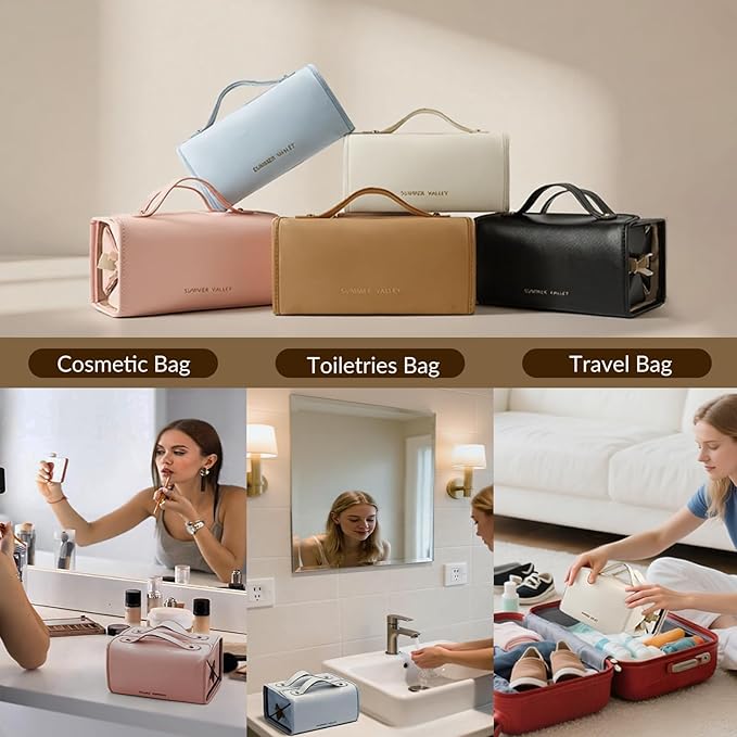 YDR 4-in-1 Travel Makeup Bag with Detachable Pouches, Large Hanging Toiletry Organizer for Women, Waterproof PU Leather Cosmetic Bag for Brushes, Toiletries & Skincare, Portable Roll Up Case