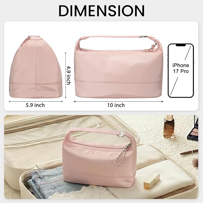 HauteHues Travel Makeup Bag for Women Large Capacity Cosmetic Handheld Portable Organizer Large Opening Waterproof Storage Toiletry Bags Pink