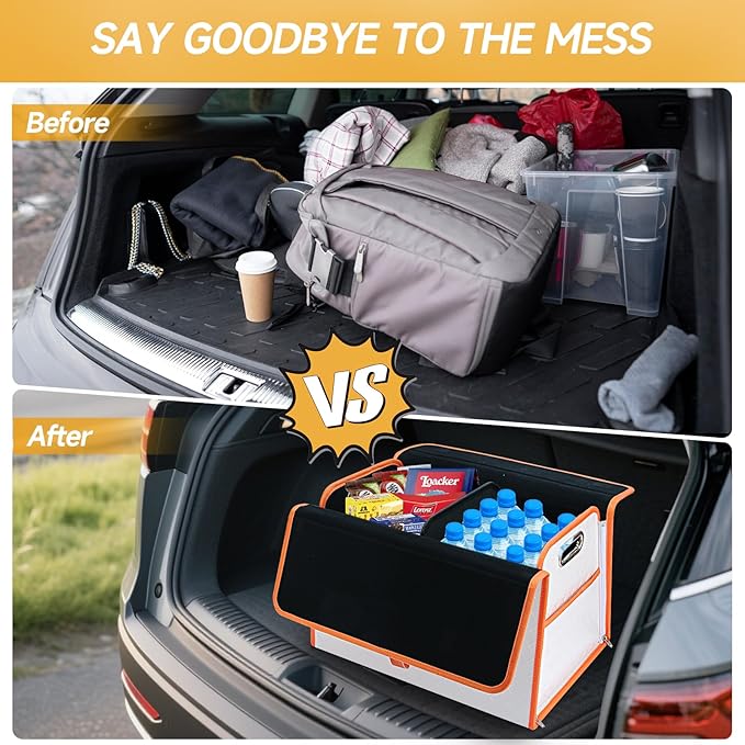 Homeve Trunk Organizer, Waterproof, Collapsible, 2 Compartments Car Organizer, Foldable Storage for Car Accessories, Tools, Women, Men (White+Orange, Standard)