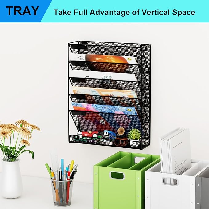 Wall File Organizer Holder Mesh Hanging Paper Document Holder,Vertical 6 Pocket Tier for Office Home, Black