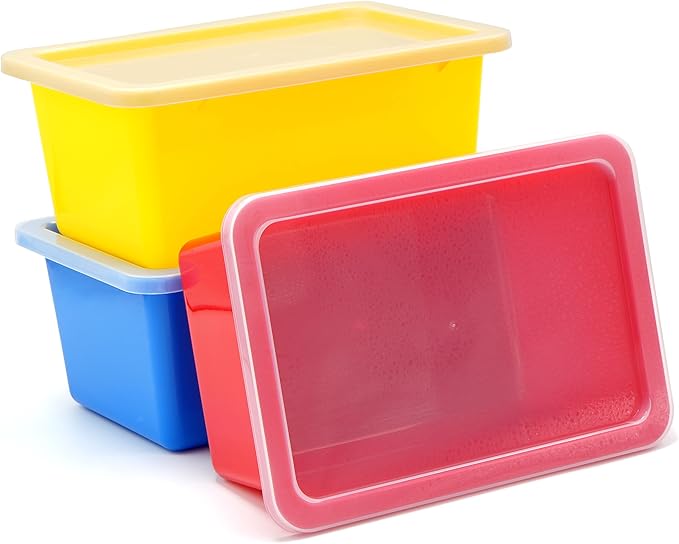 4E's Novelty Plastic Storage Bins with Lids, 5 Qt, 3 Pack, Colorful Plastic Cubby Storage Bins, Stackable Organizer Cubbies for Classroom Organization and Storage or Home (11.4" x 7.75" x 5")