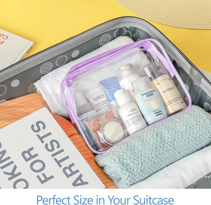PACKISM Clear Makeup Bag 2 Pack - Quart Size TSA Approved Toiletry Bag with Metal Smooth Zipper, 3-1-1 Airline Compliant Security Travel Cosmetic Bag for Carry On Liquids, Light Purple