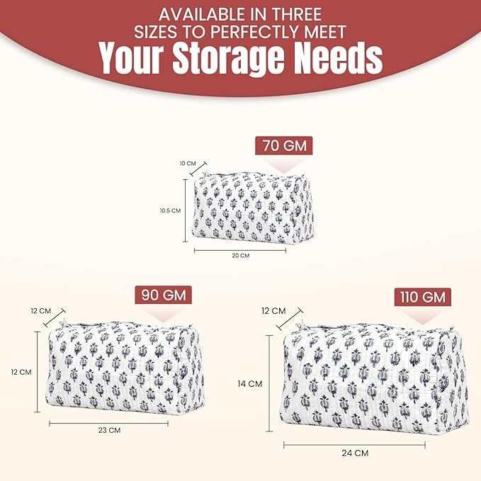 Cotton Hand Block Floral Print Toiletry Bag For Women Make Up Cosmetic Bag Jewelry Organizer Kit Storage Case Travel Accessories Essential Toiletries Purse Pouch (White - Small Medium Large, Set of 3)