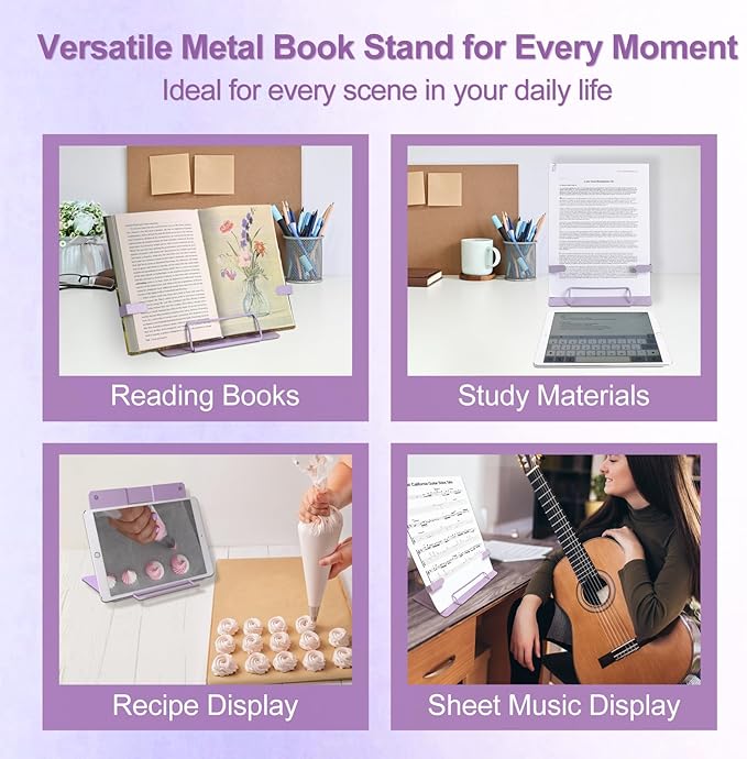 Metal Desk Book Stand for Reading with Adjustable Clips, Hands-Free Foldable Book Holder for Kids, Portable Document Stand for Desk, Display Stand for Recipes, Cookbooks, Tablets - Purple