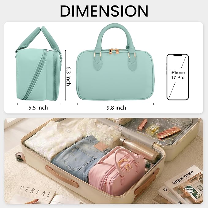 Travel Makeup Bag for Women Fashion Large Capacity Pouch Open Flat Cosmetic Portable Organizer Waterproof Large Opening Storage Toiletry Bags Vertical Free-Standing Brush Holder for Easy Access Blue