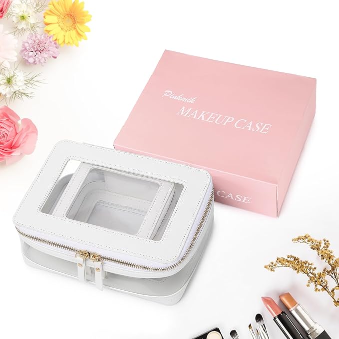 Pinkmik Clear Makeup Bag with Zipper Waterproof Travel Set for Cosmetics and Toiletries Women's Purse Organizer and Car Essentials (White, M+MINI-1)