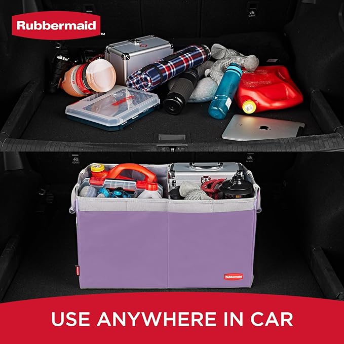 Rubbermaid Car Organizer, Collapsible Trunk Organizer, Multi-Compartment Car Storage Organization for Car Accessories, 2 Compartments With Cover, 21.65"*14.17"*12.2" - Purple