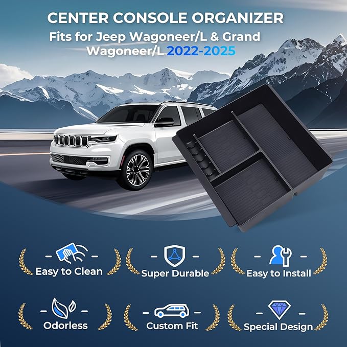 Center Console Organizer Tray Storage Box for Jeep Wagoneer/L & Jeep Grand Wagoneer/L 2022-2025 (Only without Cool Box & Not Fit Wagoneer S), Interior Accessories Armrest Insert Tray, Black