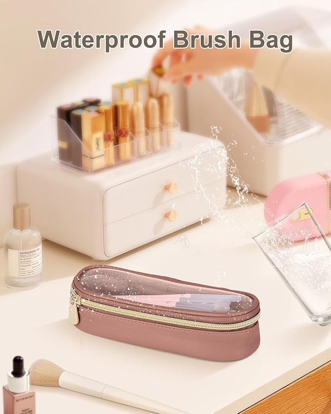 Soimeat Clear Travel Makeup Brush Holder, Leather Makeup Brush Toiletry Bag, Portable Cosmetic Brush Case, Transparent Waterproof Makeup Brush Storage Bag, Brown