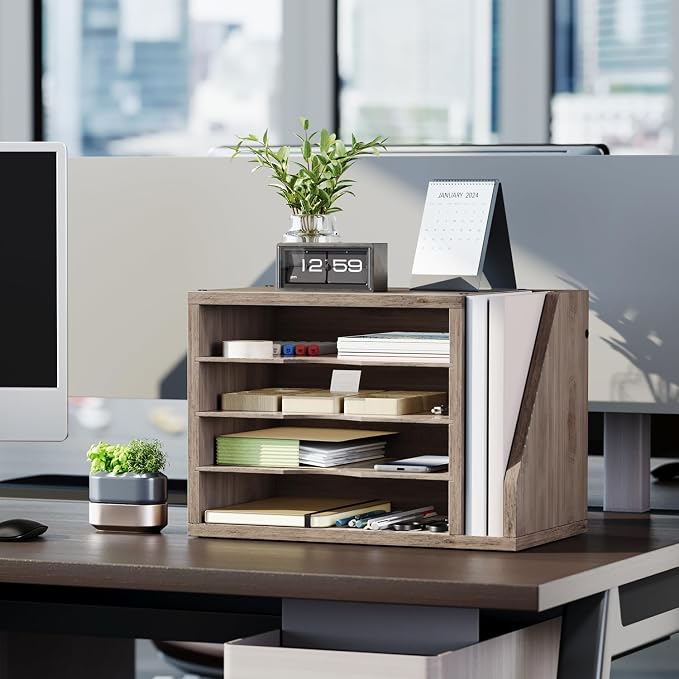 Creso hom Mail Sorter, File Organizer Desktop, Wood Desk Organizer with 3 Adjustable Shelves, Mail Holder for Office, Home, Letter Sorter File Holders for Envelopes, Mail Supplies Magazines, Greige