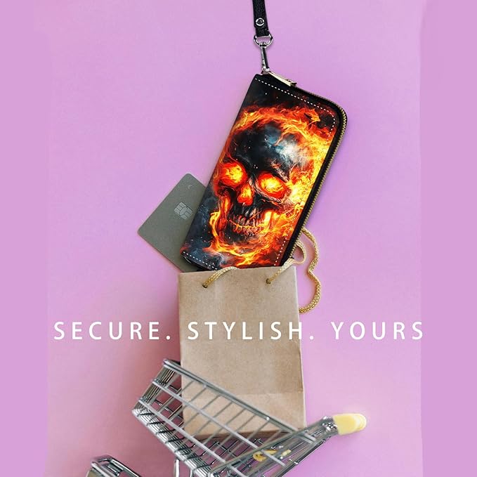 Zip Around Wallets for Women with Detachable Wrist Strap, Large Capacity RFID Blocking Leather Purse Organizer Card Holder Wristlet,Red Fire Skull