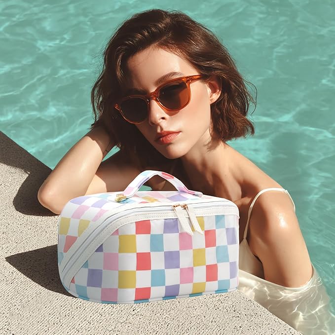DYSHAYEN Travel Makeup Bag with Compartments Clear Coated Cosmetic Bag for Women, Waterproof Portable Open Flat Toiletry bag (Rainbow Gingham)