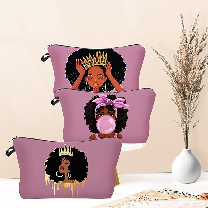 African American Makeup Bag for Purse 3 Pack Afro Black Cosmetic Bags for Women Inspirational Gift Small Funny Cosmetics Pouch Travel Bag Cases for Toiletries Accessories Organizer Bulk