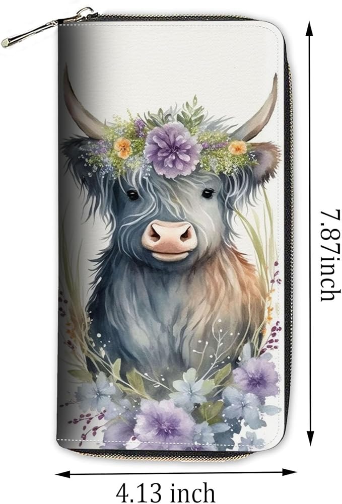 Womens Wallet,RFID Blocking Large Capacity Clutch,Zip Around Leather Purse with 8 Card Slots,Bill Compartments Coin Pocket - Flowers Cow