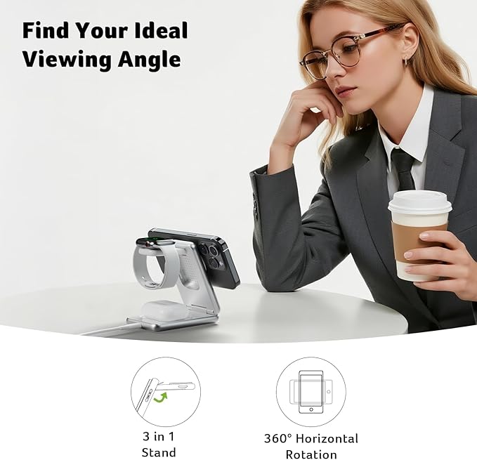 Acer 3 in 1 Charging Station for iPhone, Wireless Charger Stand,15W Fast MagSafe Charger for iPhone 17 16 15 14 13 12 Series-Apple Watch 11 10 9 8 7 6 5 4 3 2 SE and Ultra Series-Airpods 4 3 2 Pro