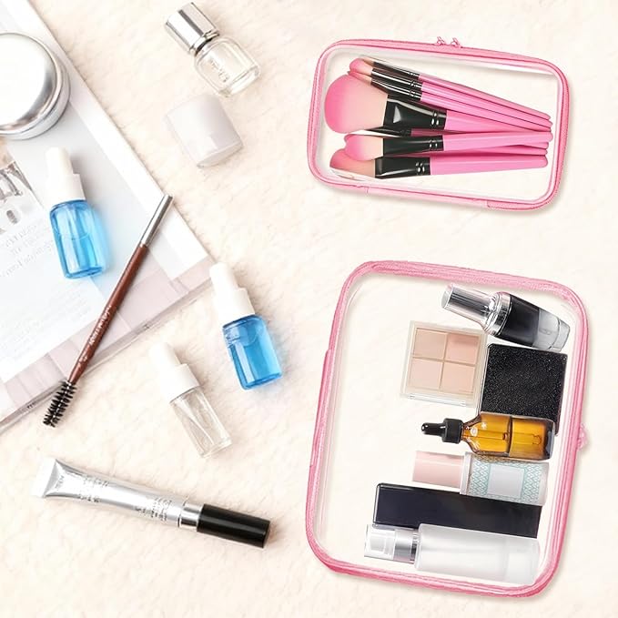 Clear Hard Shell Zipper Case,Clear Toy Storage Pouch,Waterproof Transparent Organizer Comestic Case for Travel, Office, Home (Pink, 3*M)