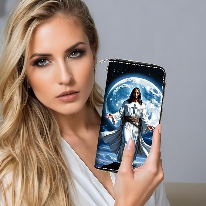 Christian God Jesus Print Women Large Capacity PU Leather Zip Around Wallet, Multifunctional Clutch Purse for Cash/Card/Coin/Smart Phone
