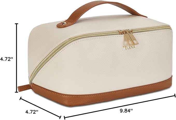 Telena Leather Make Up Bag Portable Travel Makeup Bag Waterproof Cosmetic Bags for Women Large Capacity With Handle and Divider Open Lay Flat