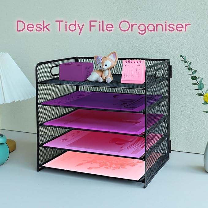 5 Tier Lettrer Tray Organizer with Handle, Metal Mesh Desk File Organizer with Sliding Trays, Paper Sorter Desk for Home Office School, Black