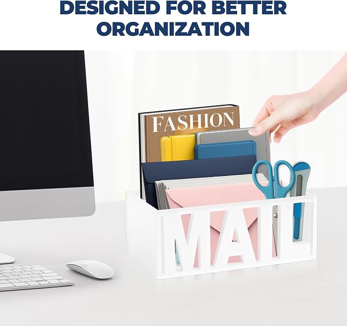 Mail Organizer Countertop – White Holder for Desk or Wall, Decorative Desktop Sorter, Envelope Tray & Bill Storage with Compact Size for Home Office Organization Accessories (11x4x4 in)