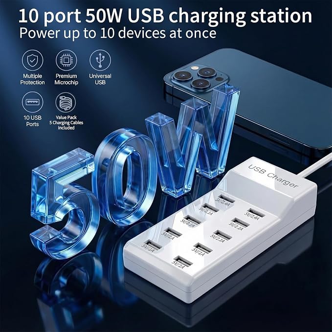 10-Port USB Charging Station 50W 10A with 5-Pack USB-A to C Cables, Ultra-Compact Multi Device Charger Block, Desktop Charging Hub Organizer for Phone, Tablet, Earbuds (White)