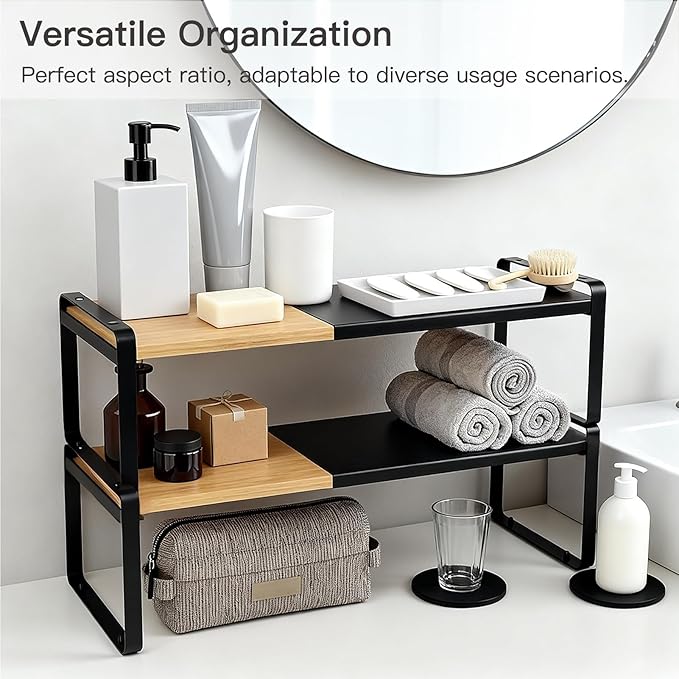 Expandable Desk Shelf Organizer, Sturdy Bamboo Desktop Riser for Monitor, Laptop & Office Storage, Modern Workspace Stand Accessories (Black)