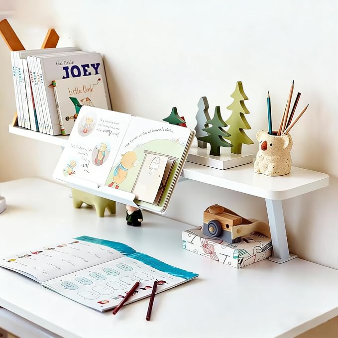 Clamp on Desk Shelf, Desktop Extender Klemmbares Schreibtisch Organizer Regal Adjustable Floating Desks Shelf for Office, Dorm, Home Desk Organization (White-with Reading Stand, 23.6x7.8in/60x20cm)